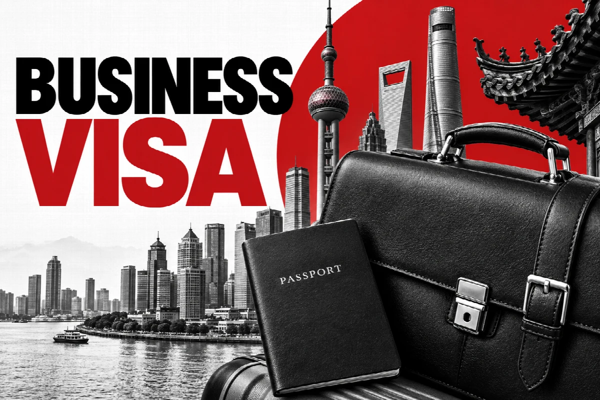 Business briefcase and passport with Shanghai towers
