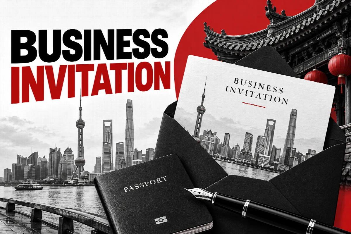 Business invitation letter with passport and Shanghai skyline