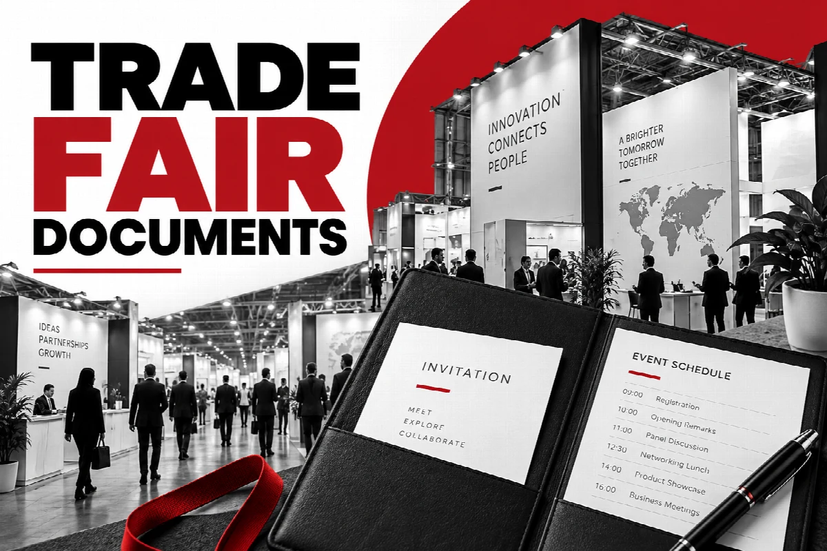 Exhibition hall with an invitation card and business travel planner