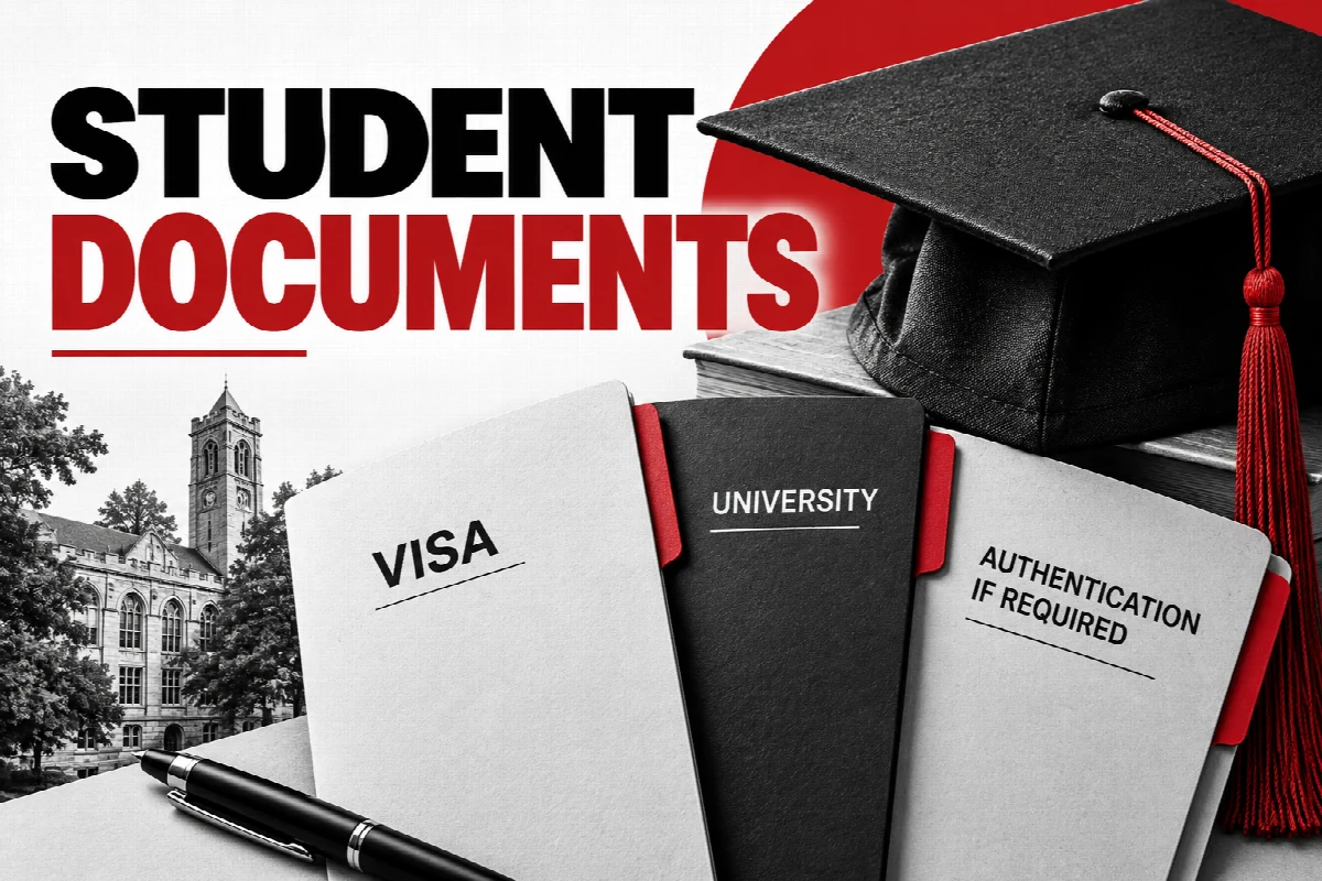Student folders separating visa, university and conditional authentication documents