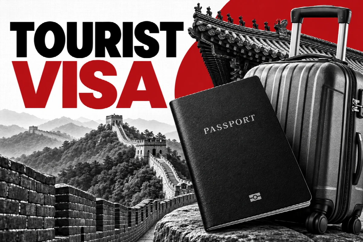 Passport and suitcase with the Great Wall of China in red, black and grey