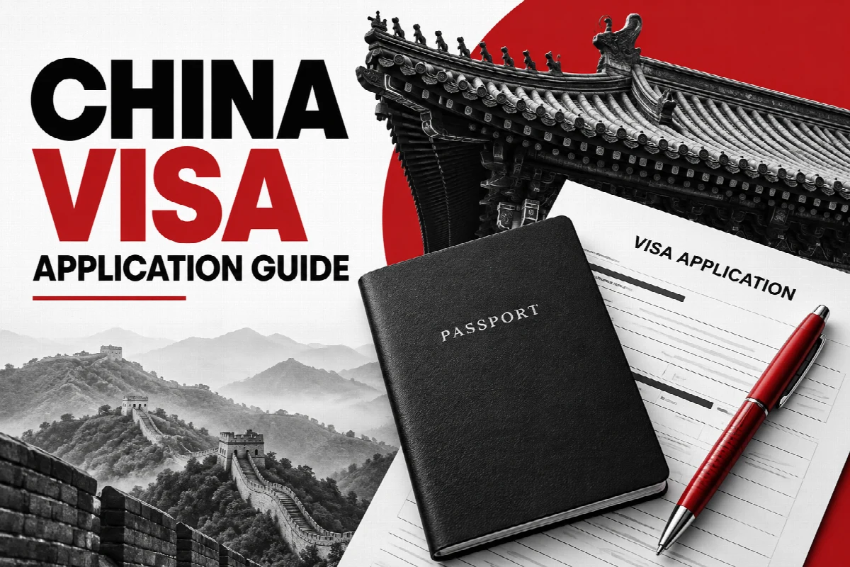 China visa application guide with a passport, application documents and Chinese architecture in red, black and grey