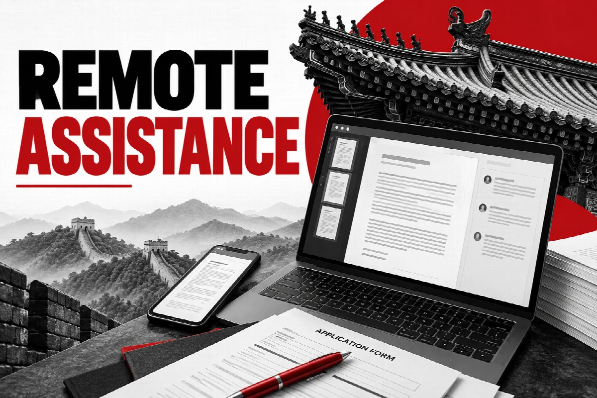 Laptop and phone with documents for remote China visa assistance
