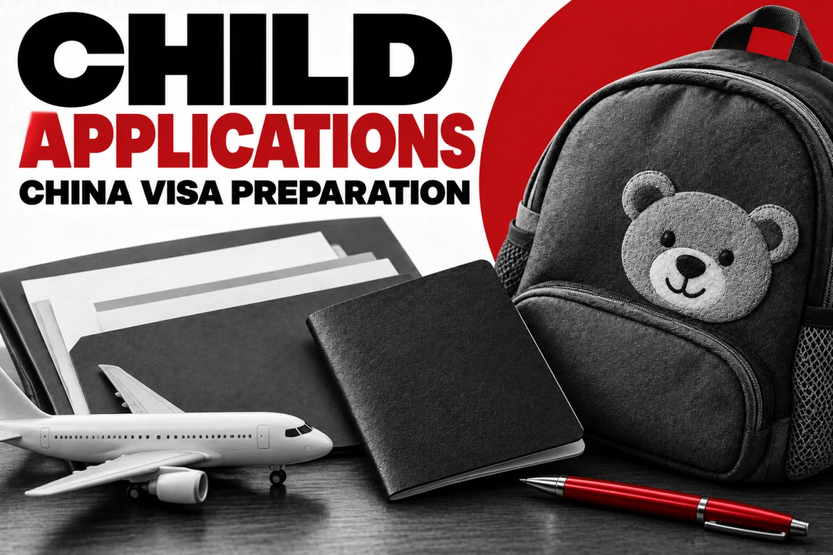 Child-sized backpack, passport and family folder for a child visa application