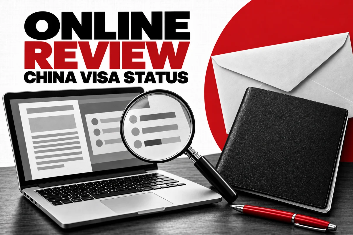 Laptop, magnifying glass and envelope illustrating a China visa online review