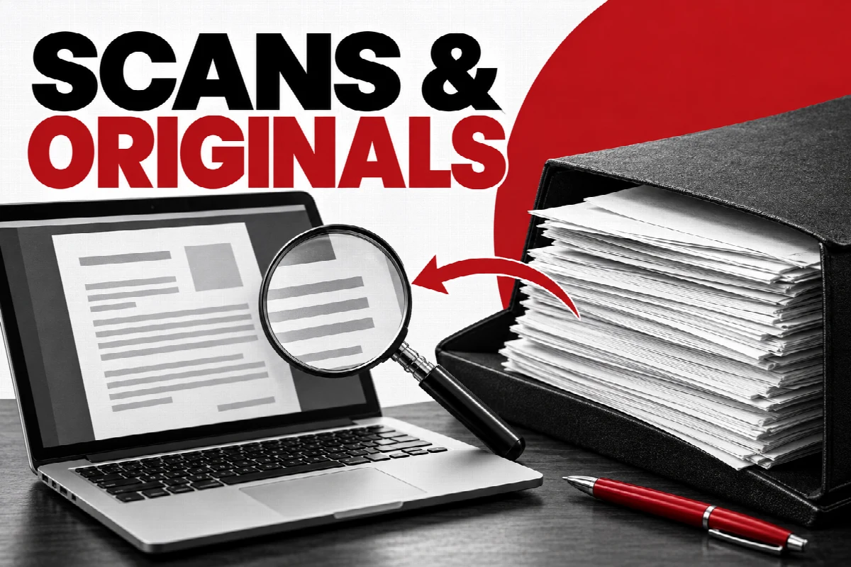 Digital document on a laptop compared with a physical document folder