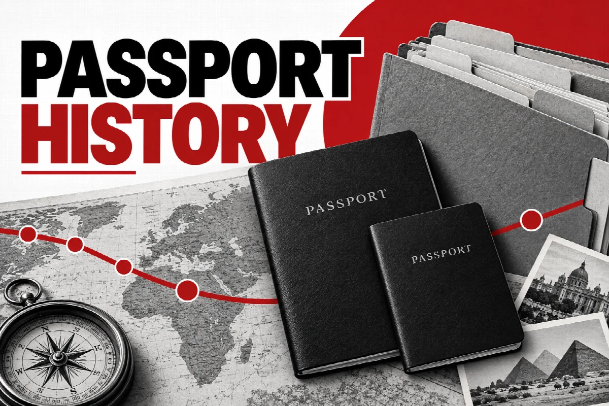 Old and current passport booklets organised beside an archive folder